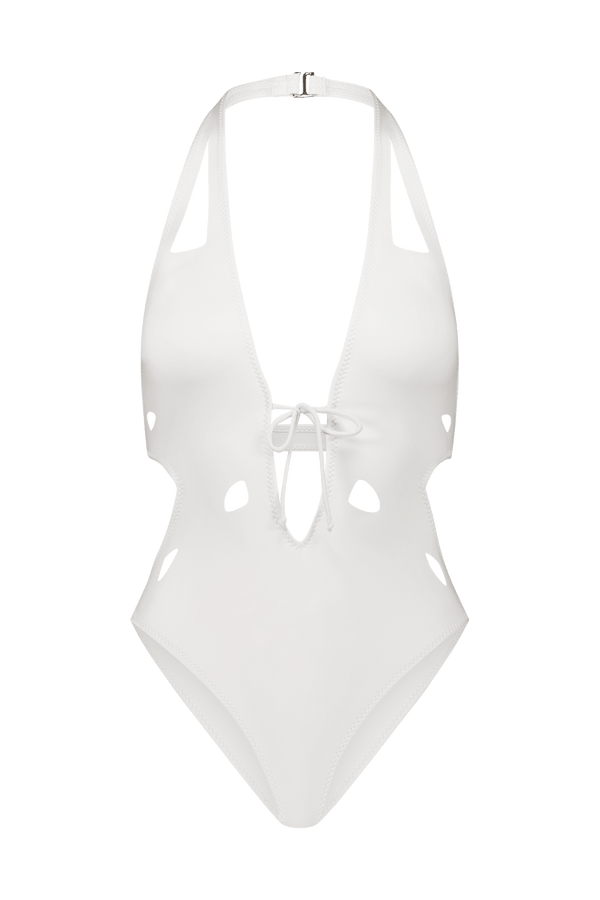 The Charlie Plunging One-Piece by Gigi C Bikinis is a white halter swimsuit with a deep V neckline, side cut-outs, cheeky coverage, a front tie, and a secure back clasp.