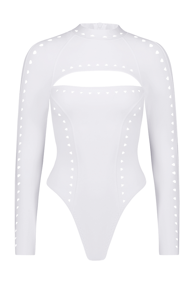 The Laurel Surfsuit by Gigi C Bikinis is a white long-sleeve bodysuit featuring heart-shaped cutouts along the sleeves and sides, a high neckline, and a horizontal chest cutout, crafted with lasercut technology for sleek elegance.