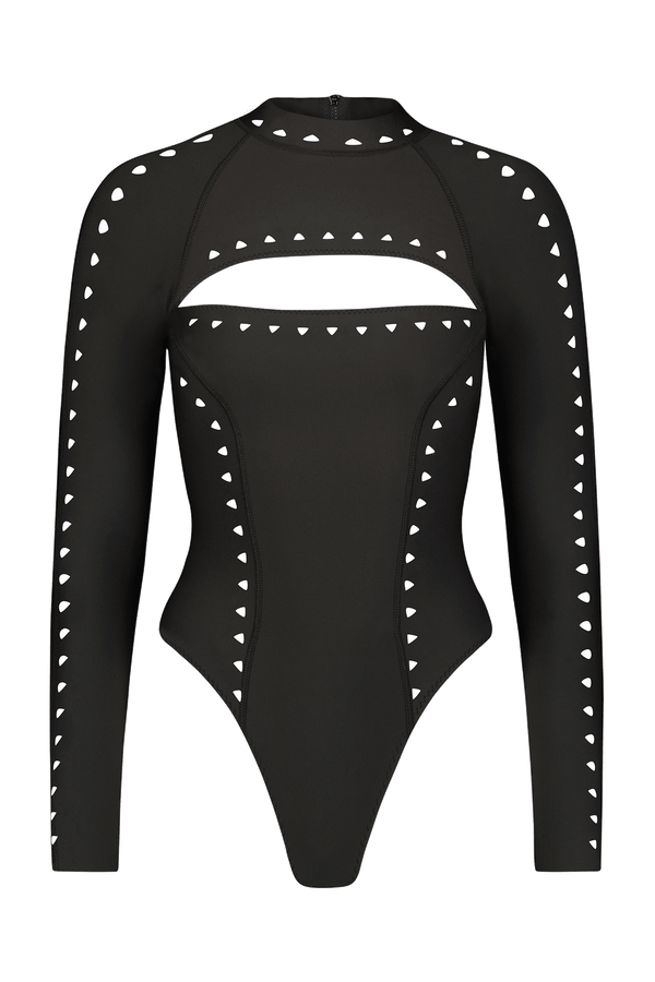 This edgy black long-sleeve bodysuit, with a front chest cutout and triangular silver studs along the neckline, sleeves, and sides, features laser cutouts and a high-cut leg. Its sleek design is reminiscent of the Laurel Surfsuit by Gigi C Bikinis.