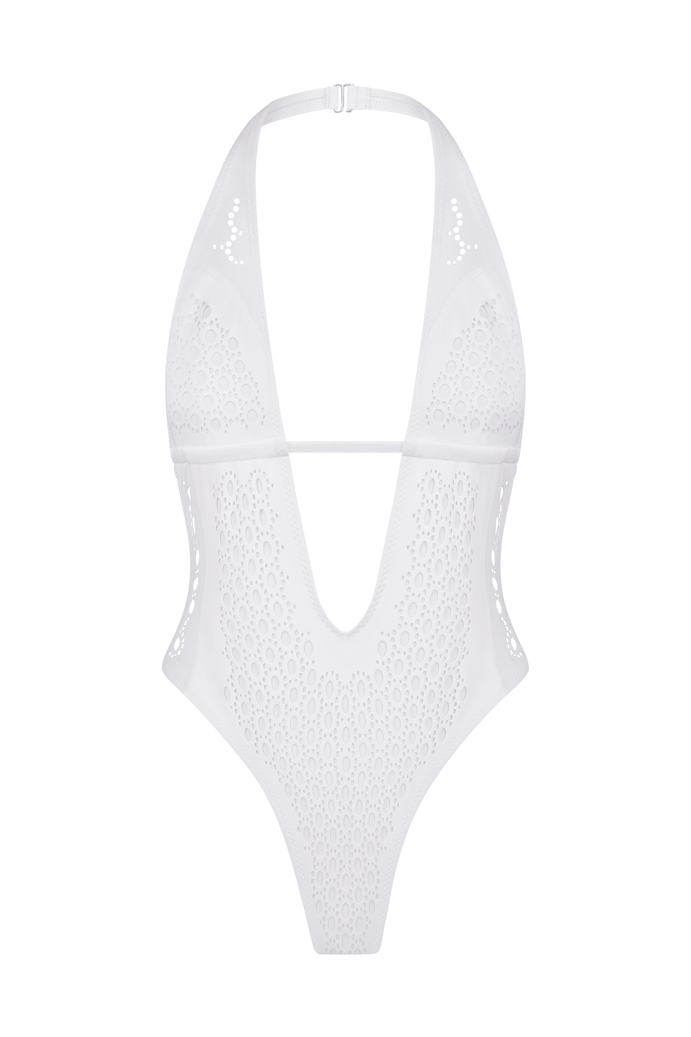 The Camilla One Piece by Gigi C Bikinis is a white swimsuit, featuring a deep V-neck and halter strap. Its laser cutouts and textured circular pattern give it a modern twist and sleek, minimalist aesthetic.