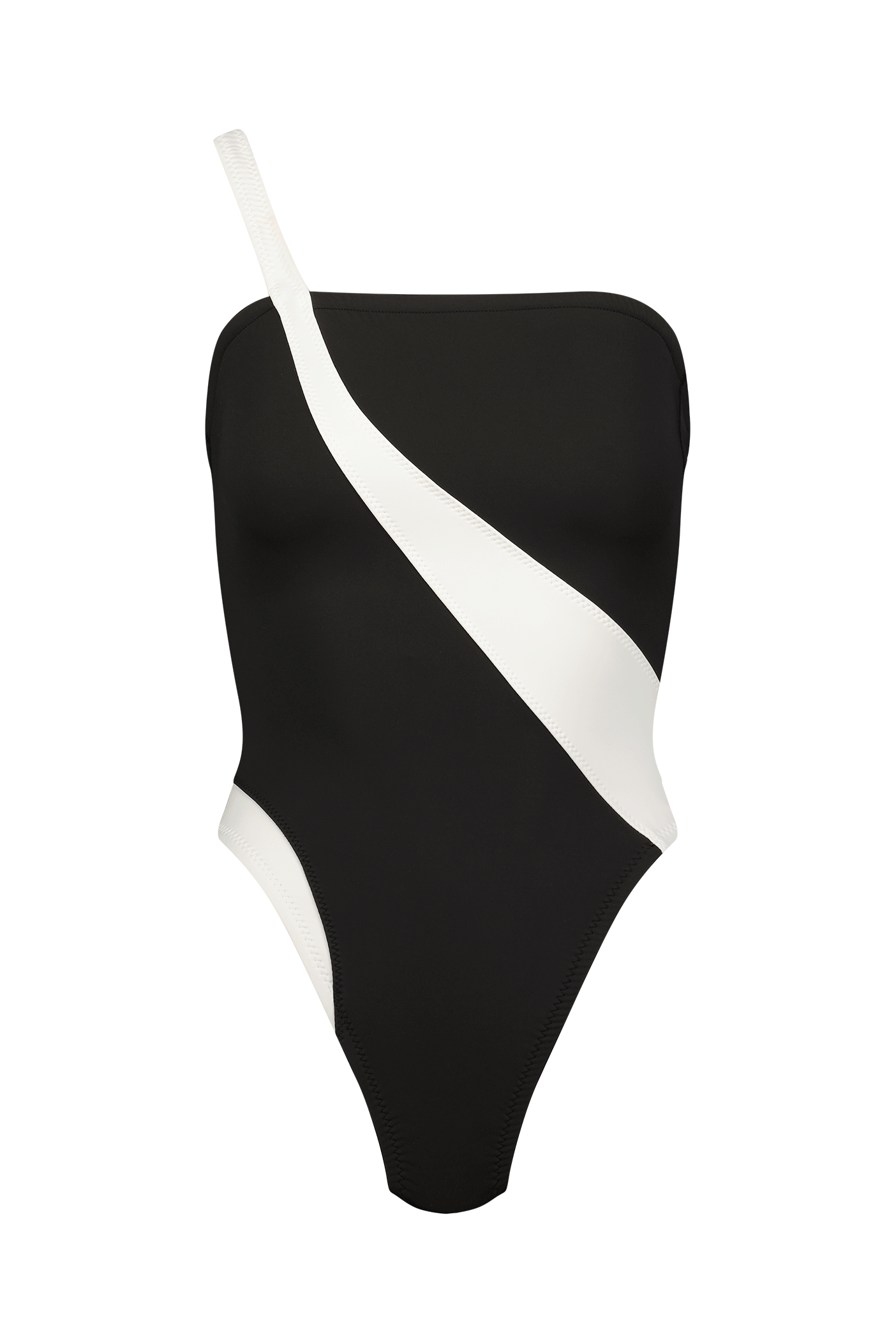 The Blake One Piece by Gigi C Bikinis is a sleek, modern swimsuit with a black colorblock design, single shoulder strap, and bold white diagonal stripe. It features durable scuba flatlock seaming for stylish beach excursions.