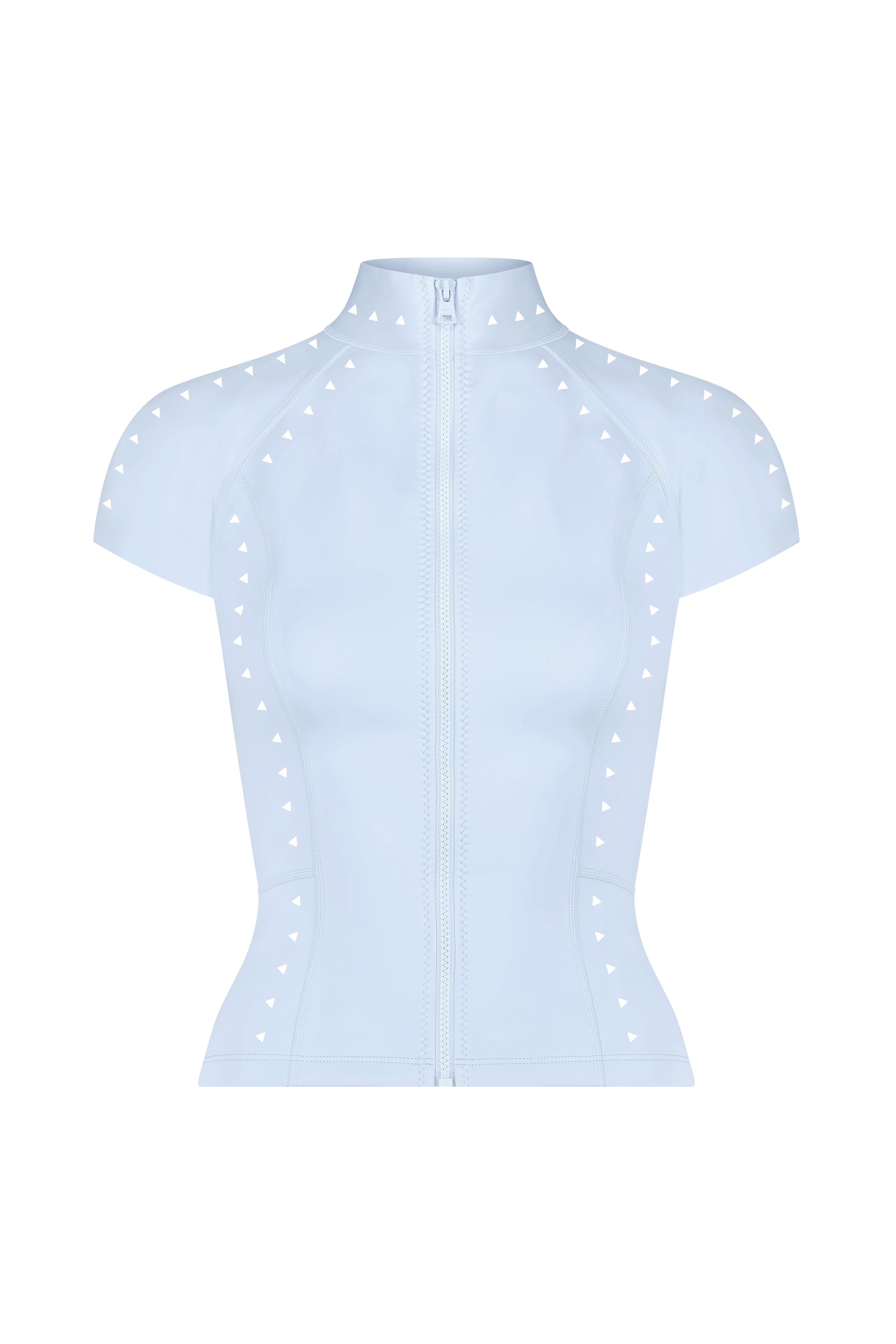 The Arden Top by Gigi C Bikinis is a light blue, short-sleeved, zip-up piece featuring a high collar and glossy scuba fabric. Its fitted design showcases decorative small white triangles on the seams and shoulders, enhanced by subtle laser-cut detailing.