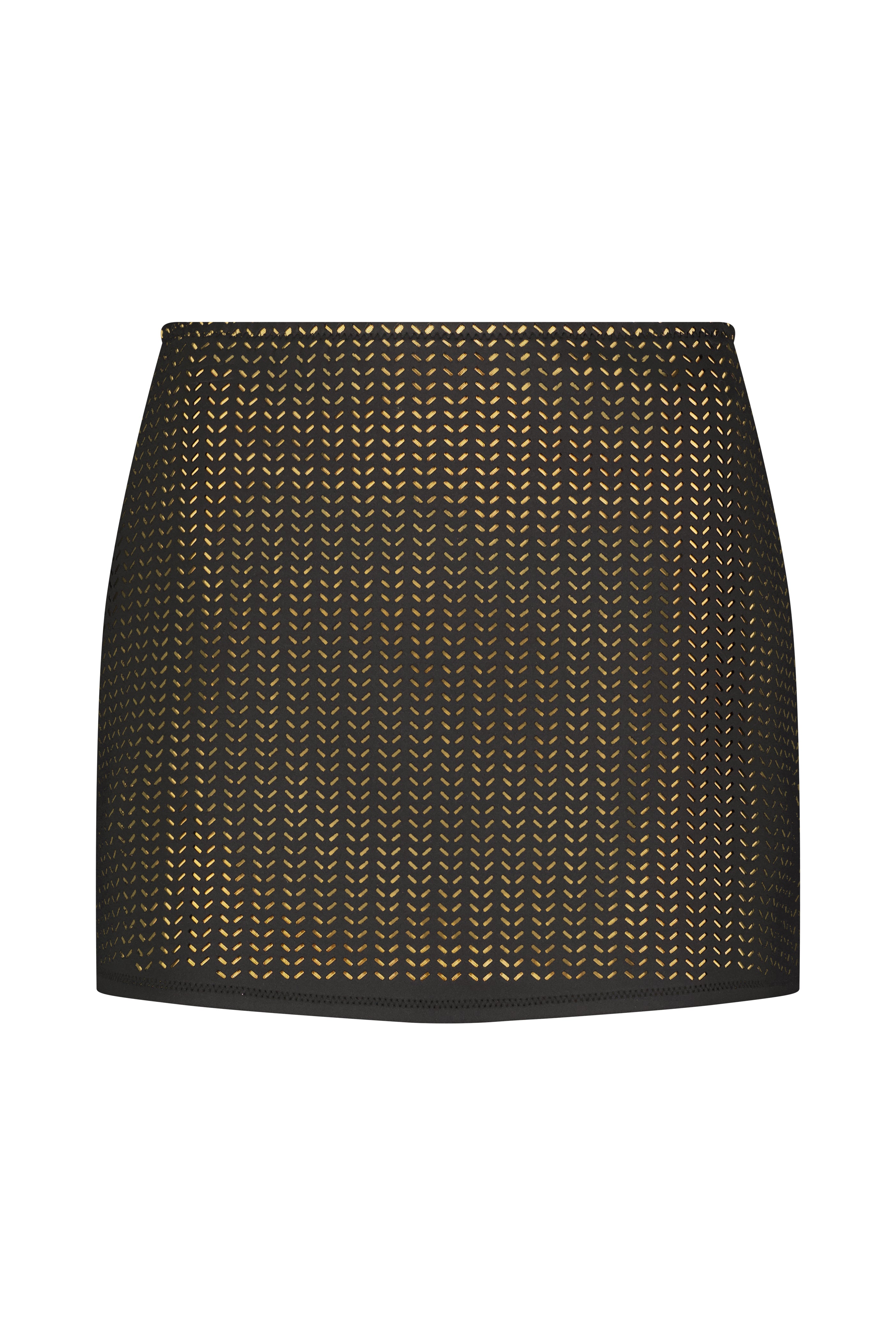 The Emilia Skirt by Gigi C Bikinis is a black high-waisted piece crafted from Chevron Scuba fabric, featuring gold and white diagonal lines. Its intricate pattern and slightly flared silhouette add texture, making it a modern choice to refresh your spring wardrobe.