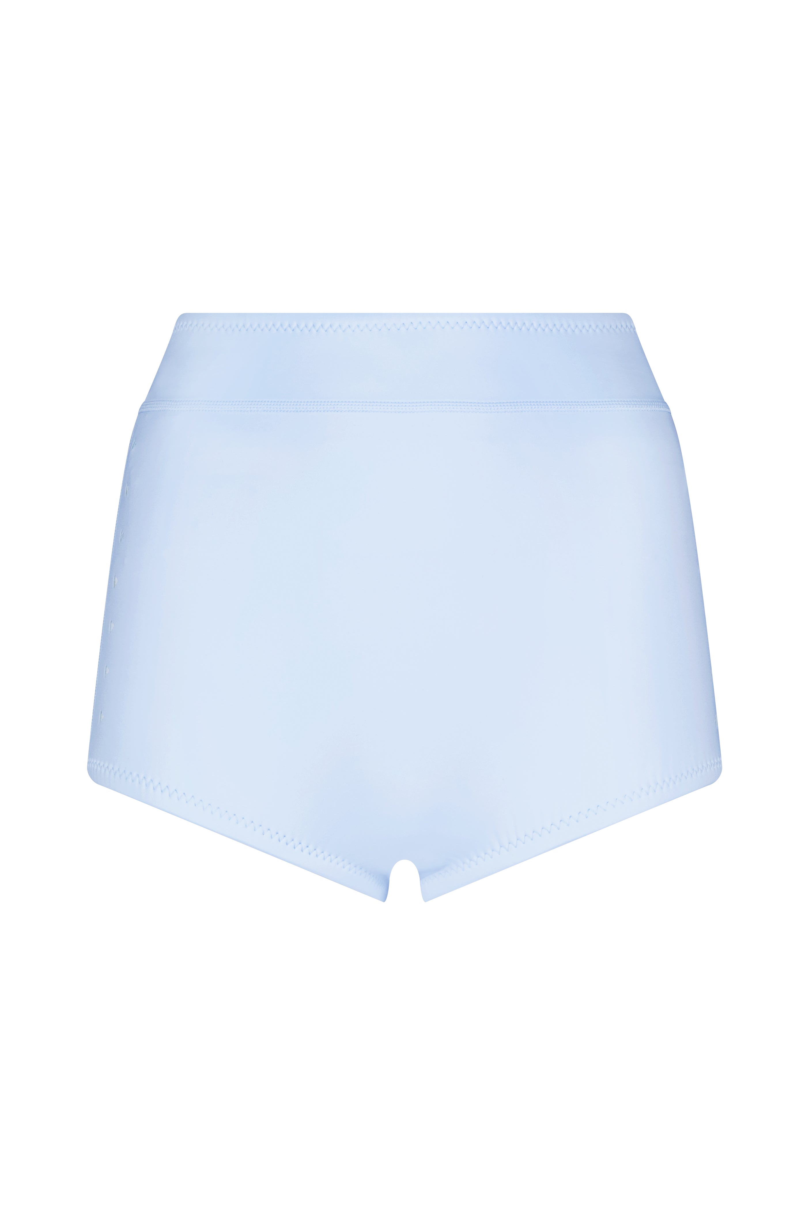 Gigi C Bikinis Frankie Bottom offers light blue high-waisted shorts with a seamless scuba fabric, ensuring a smooth texture and minimalistic style. The slightly elastic waistband provides a snug fit.