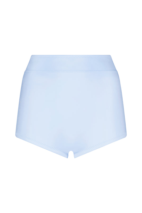 Gigi C Bikinis Frankie Bottom offers light blue high-waisted shorts with a seamless scuba fabric, ensuring a smooth texture and minimalistic style. The slightly elastic waistband provides a snug fit.