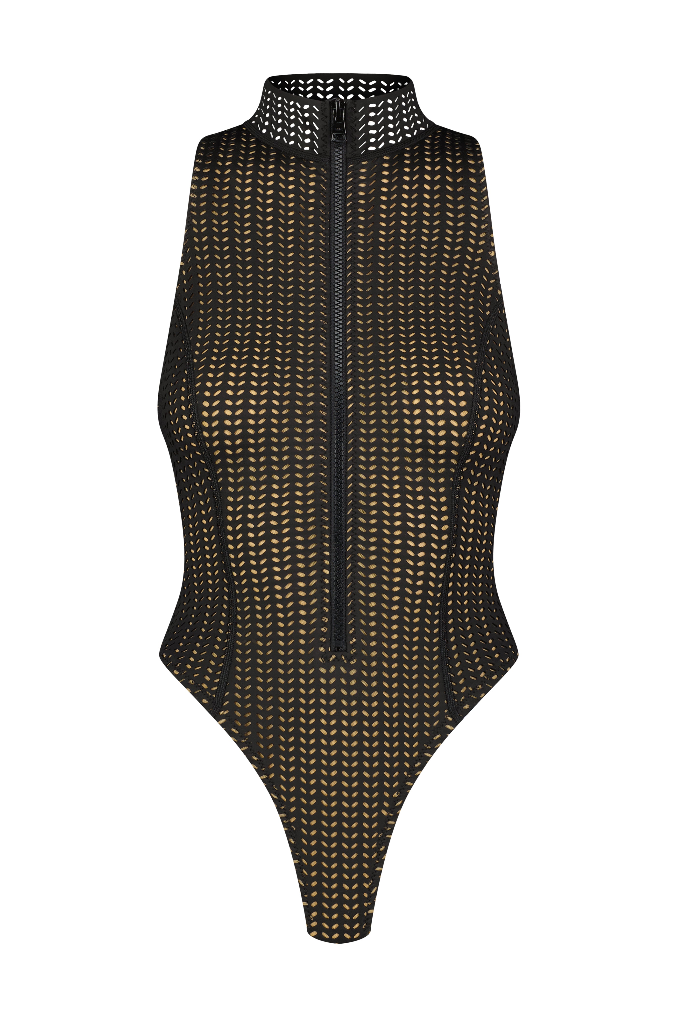 The Iman One-Piece by Gigi C Bikinis is a high-neck black mesh bodysuit featuring a sleek front zip. Made from Chevron Scuba fabric, it showcases a geometric pattern for added texture and style.