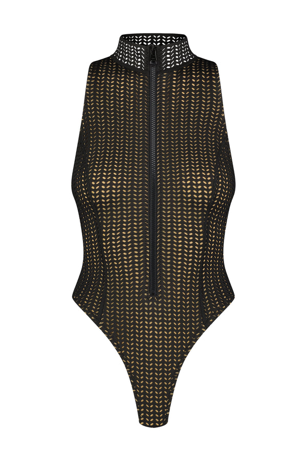 The Iman One-Piece by Gigi C Bikinis is a high-neck black mesh bodysuit featuring a sleek front zip. Made from Chevron Scuba fabric, it showcases a geometric pattern for added texture and style.