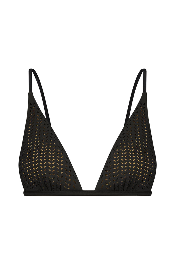 The Jamie Top by Gigi C Bikinis is a fashion-forward black lace bralette with thin straps and a triangle cup on a white background. Its geometric pattern adds texture and style, making it a trendy addition to any wardrobe.