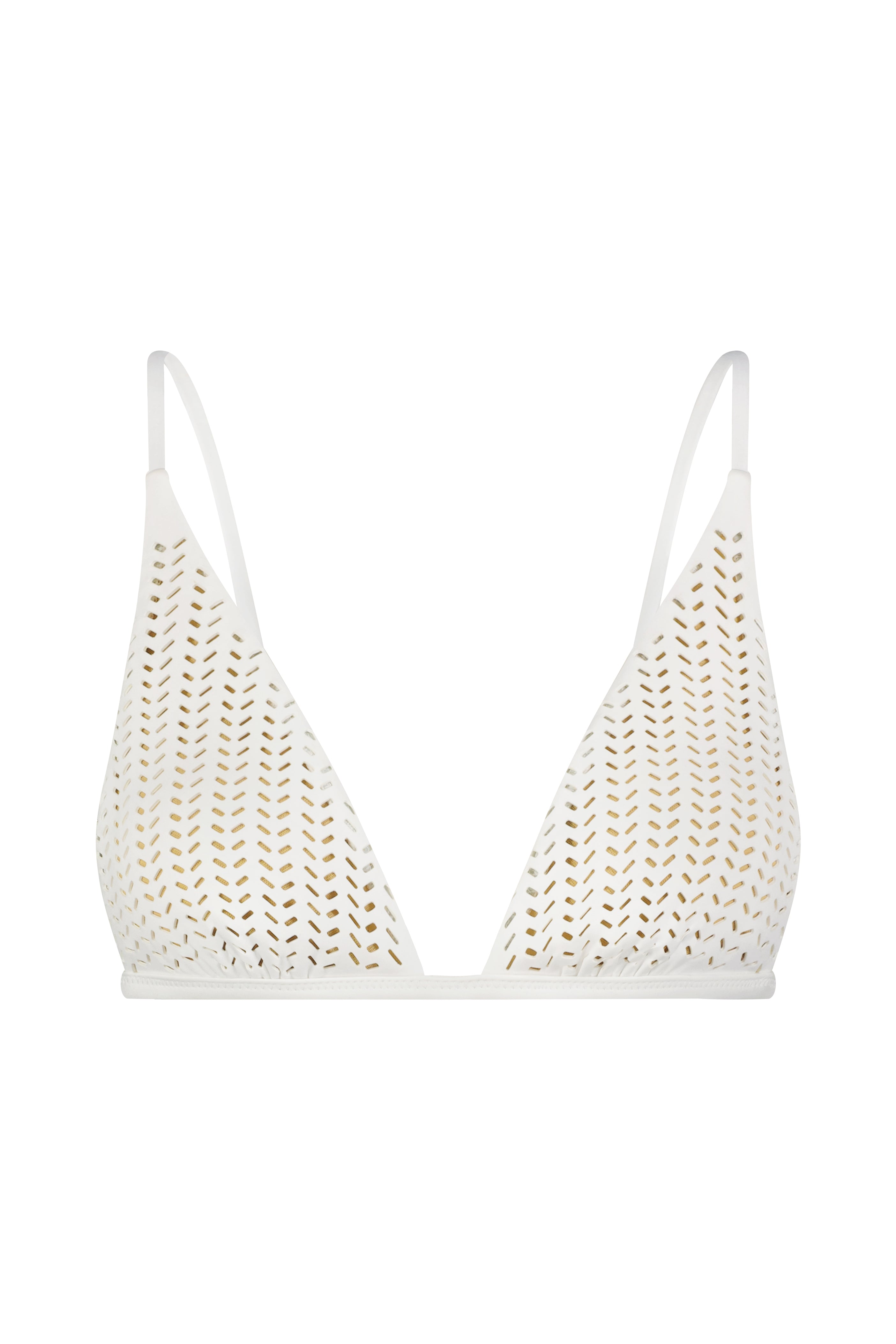 Meet the Jamie Top by Gigi C Bikinis, a chic white triangle bikini top with thin straps, made from premium Chevron Scuba fabric with a perforated pattern. Part of our exclusive Spring 2025 Collection, its perfect for making waves in style.