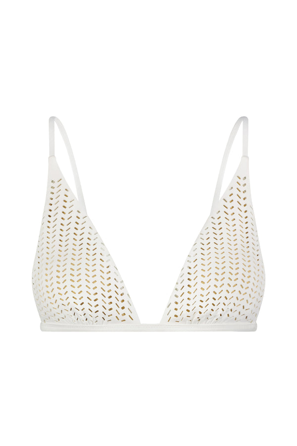 Meet the Jamie Top by Gigi C Bikinis, a chic white triangle bikini top with thin straps, made from premium Chevron Scuba fabric with a perforated pattern. Part of our exclusive Spring 2025 Collection, its perfect for making waves in style.