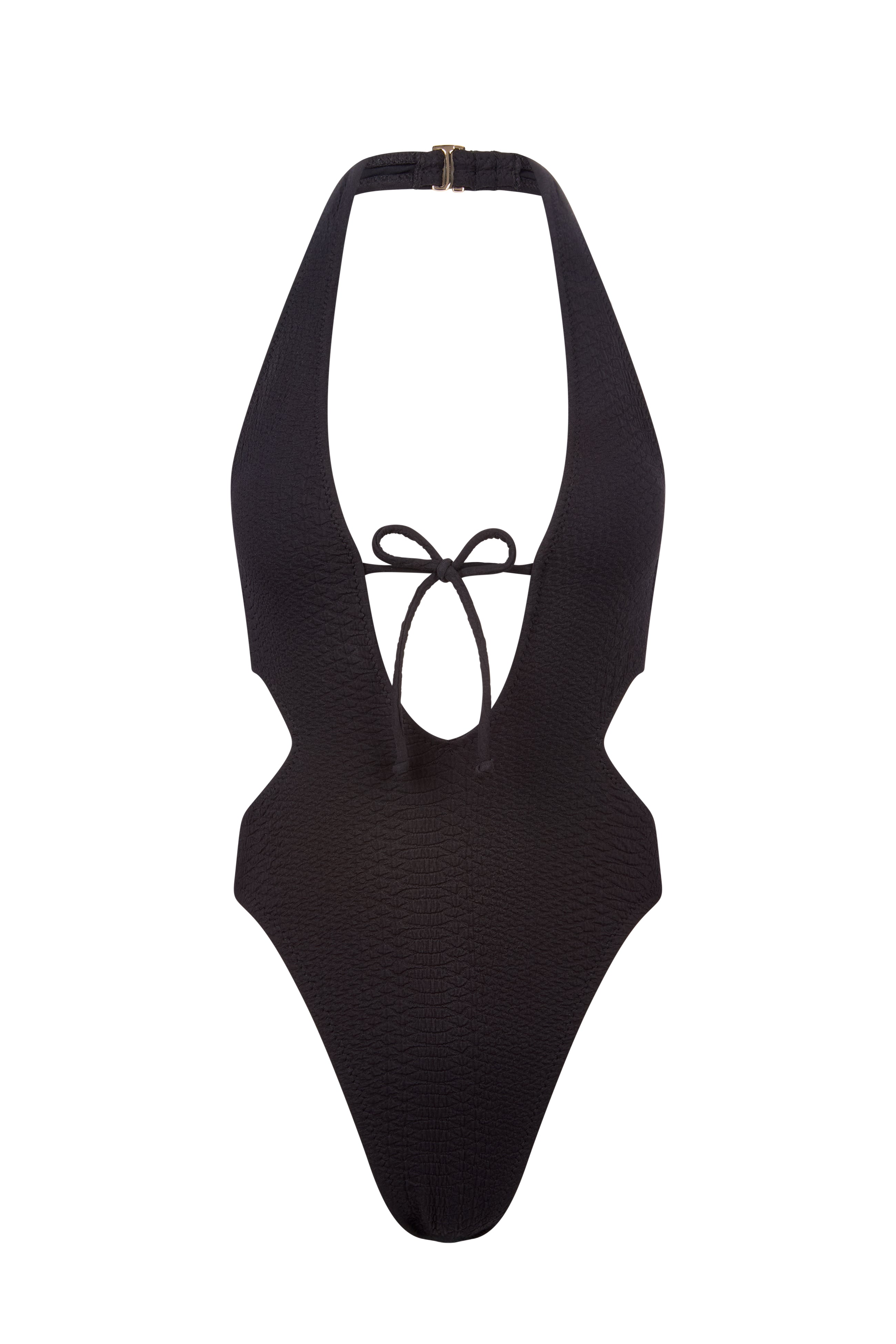 The Megan One Piece by Gigi C Bikinis is a black swimsuit made from snakeskin-embossed fabric, featuring a deep V-neckline, central tie detail, side cutouts, halter neck strap, high-cut leg openings, and removable bust pads for comfort and style.