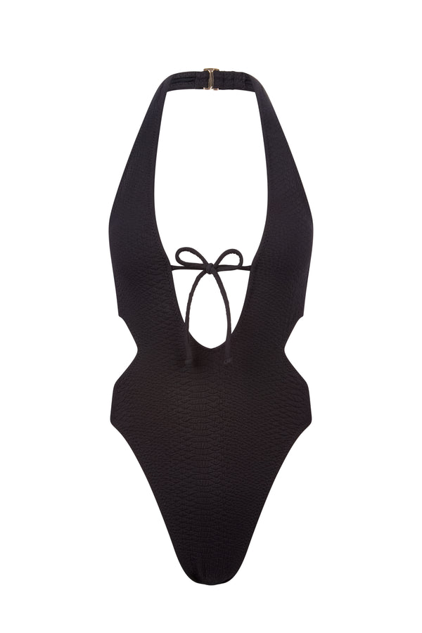 The Megan One Piece by Gigi C Bikinis is a black swimsuit made from snakeskin-embossed fabric, featuring a deep V-neckline, central tie detail, side cutouts, halter neck strap, high-cut leg openings, and removable bust pads for comfort and style.