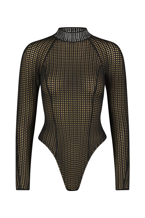 The Poppy Surfsuit by Gigi C Bikinis is a black mesh, long-sleeved, form-fitting bodysuit with a high neckline and a Chevron Scuba fabric design that contrasts the dark mesh against the tan lining. Ideal for water activities.