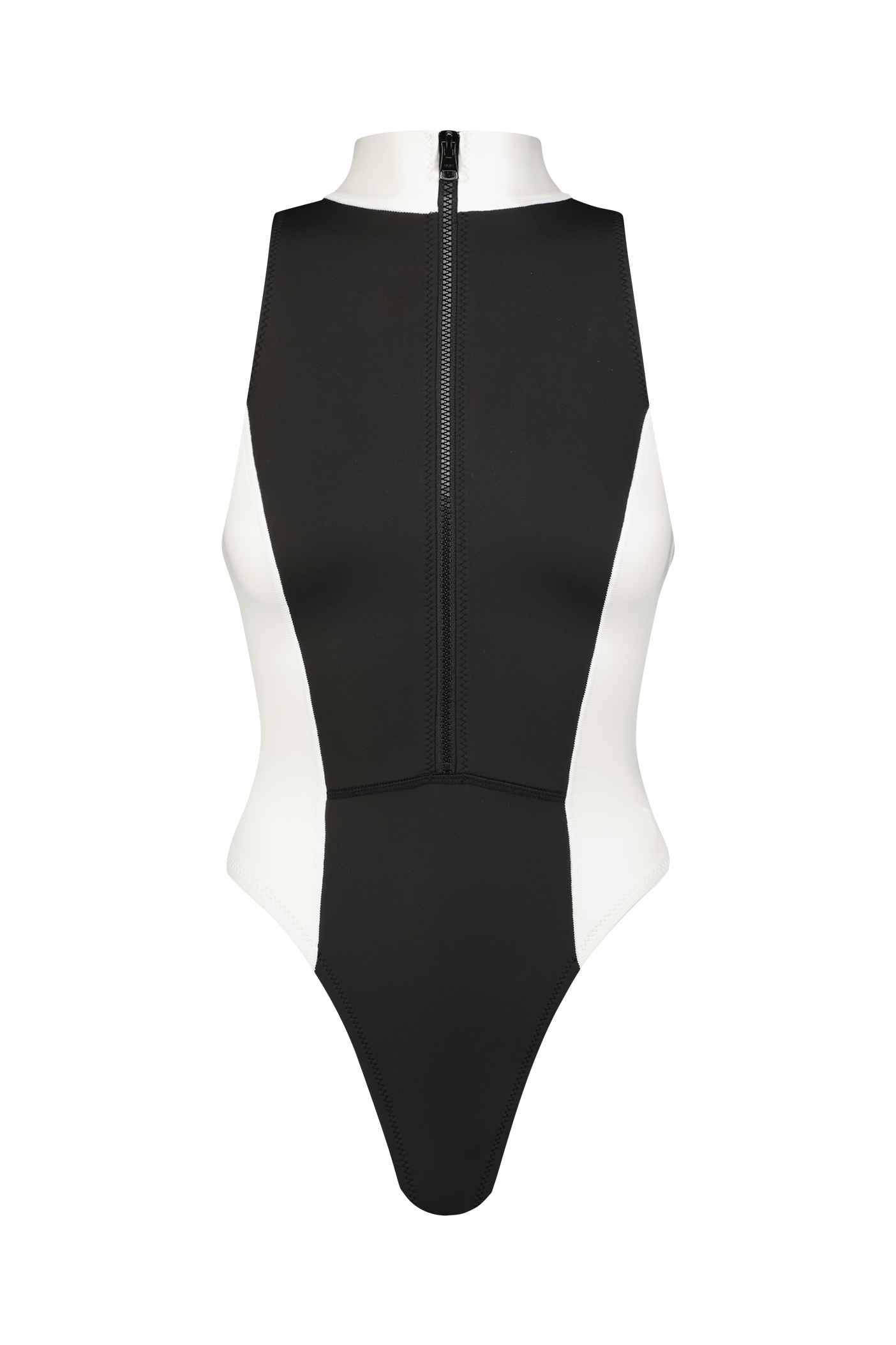 The Tessa One Piece by Gigi C Bikinis is a sleek black and white sleeveless surfsuit featuring a high leg cut, high neckline, and front zipper. Contrasting side panels and scuba Flatlock seaming provide a smooth silhouette for ultimate style and comfort.