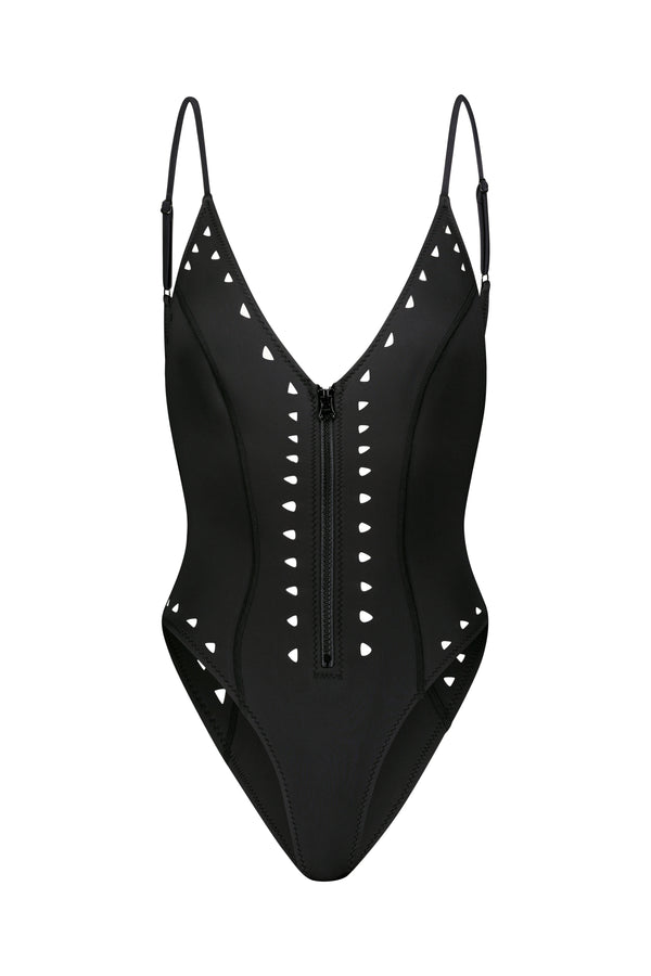 The Alexandra One Piece by Gigi C Bikinis is a black swimsuit with lasercut designs, a front zipper, and triangular cut-outs on the neckline and sides. It features adjustable straps and a high-leg cut, offering a stylish design perfect for making a statement.