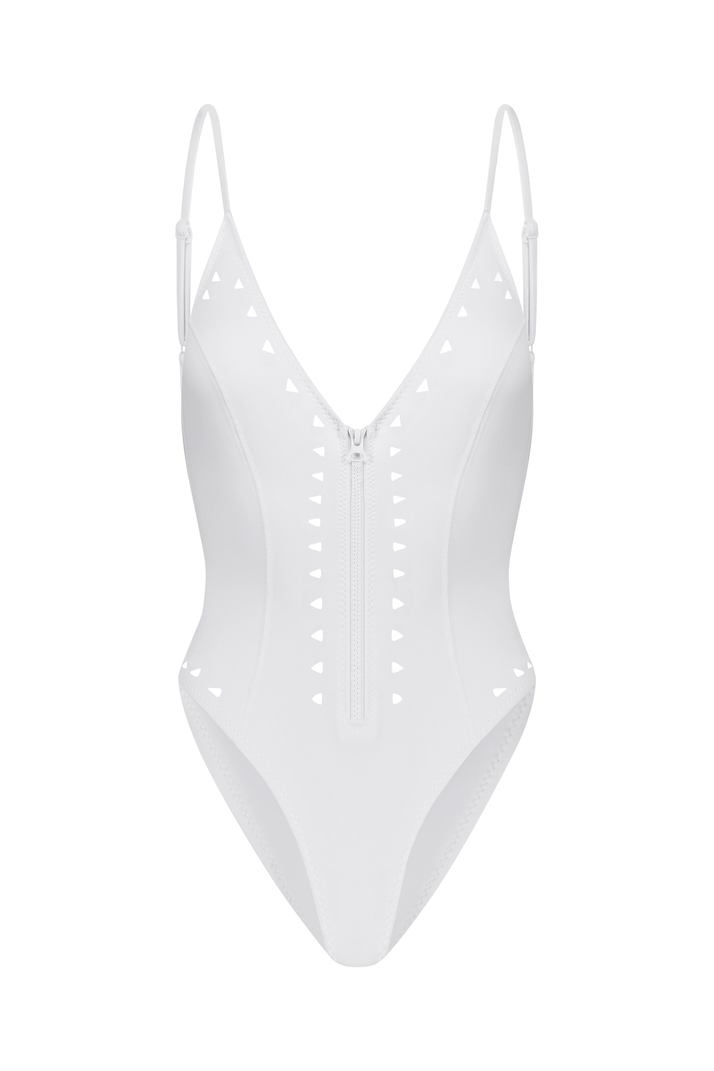 The Alexandra One Piece by Gigi C Bikinis is a white swimsuit with adjustable straps and front zip, featuring a V-neck and stylish peekaboo cutouts on the sides and neckline, showcasing lasercut technology for precision detailing.