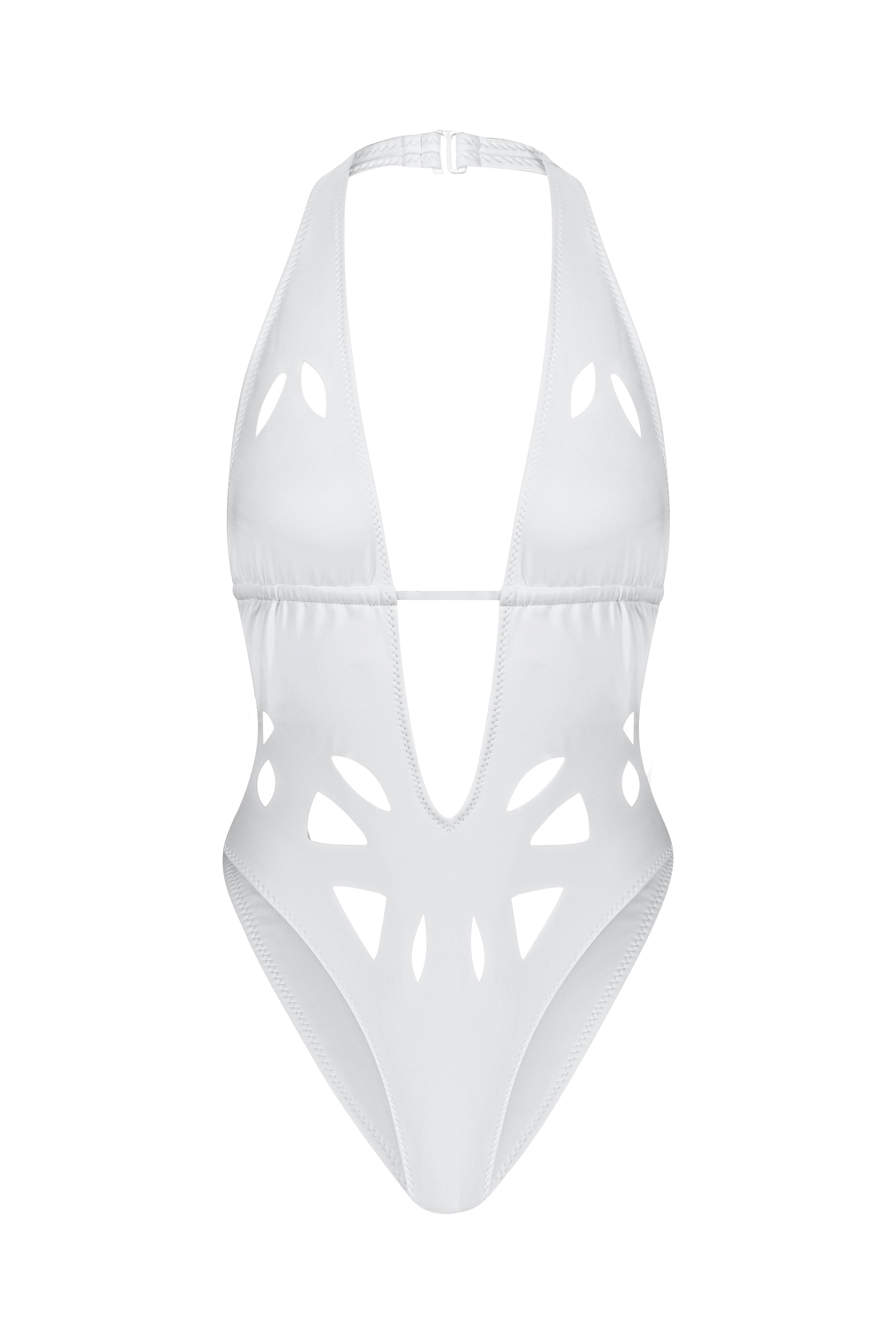 The Casey Plunging One-Piece by Gigi C Bikinis features a white design with a deep V-neckline and peekaboo cutouts. Its symmetrical patterns, created using lasercut technology, add a stylish and modern twist.