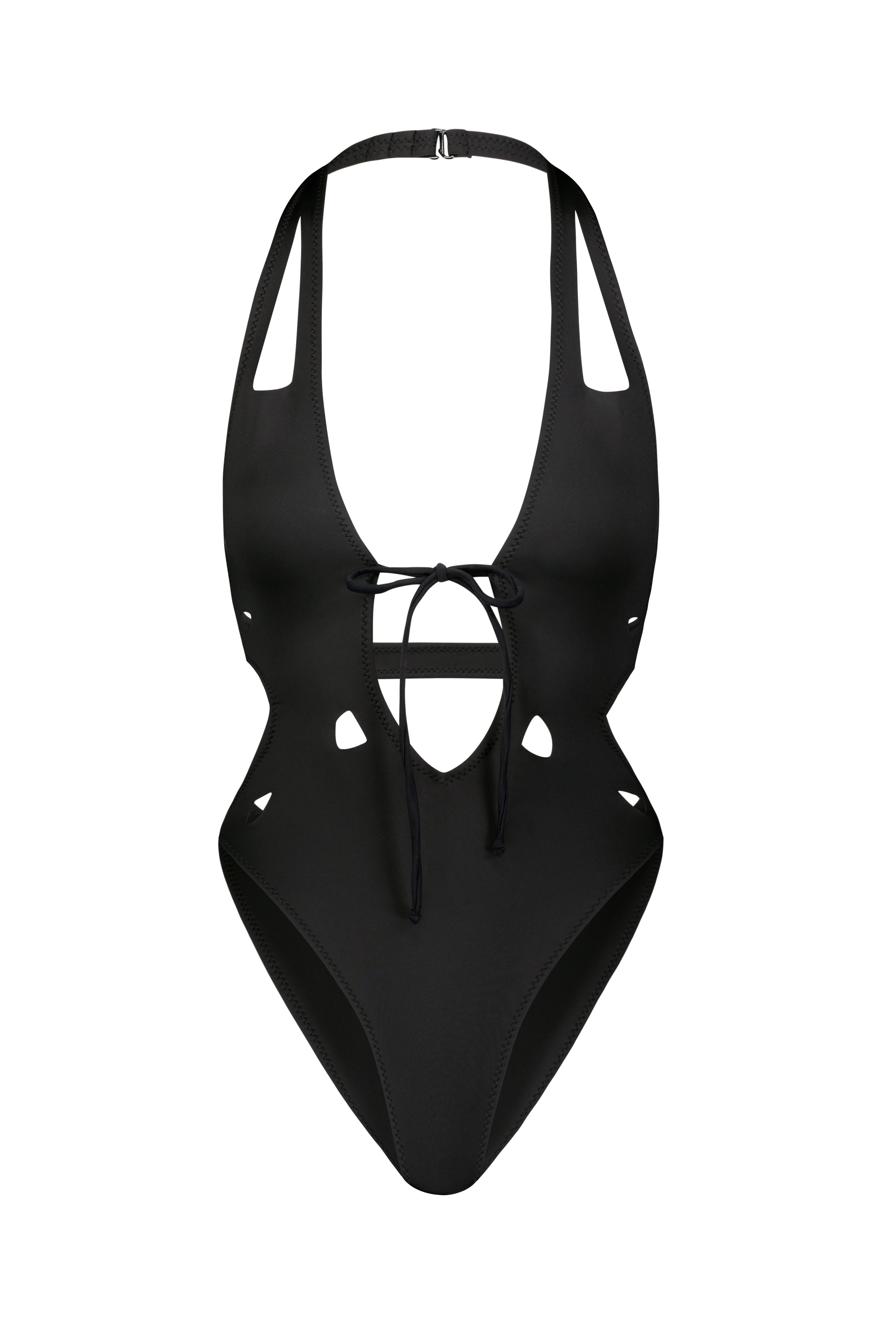 The Charlie Plunging One-Piece by Gigi C Bikinis is a black halter swimsuit featuring thin straps, peekaboo cutouts, a deep V-neck, and a tie accent at the front for an edgy design.