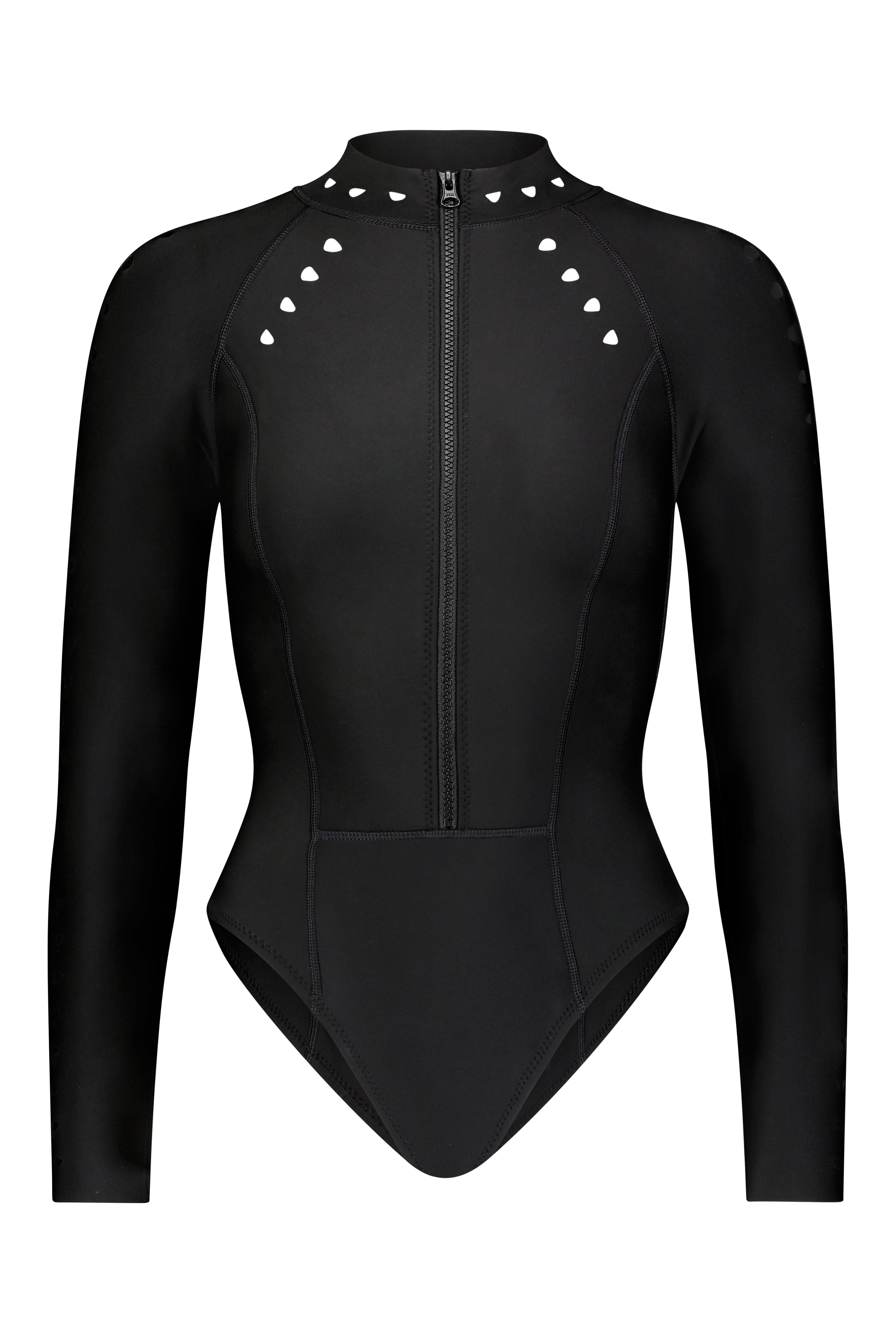 The Riley Surfsuit Full Coverage by Gigi C Bikinis is a sleek black long-sleeve bodysuit with a high-cut leg, front zipper, and white heart-shaped embellishments at the shoulders. It features stretchy, form-fitting fabric crafted with lasercut technology.