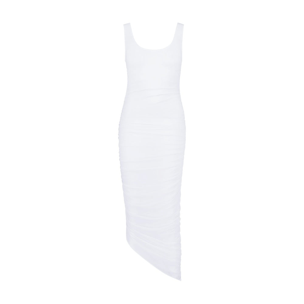 The Stevie Midi Dress by Gigi C Bikinis is a white sleeveless, full-length dress with a rounded neckline and asymmetrical hemline. Made from silky soft mesh fabric, it has a ruched texture that forms gentle folds on the plain white background.